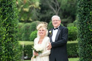 Image of couple in wedding portrait in garden