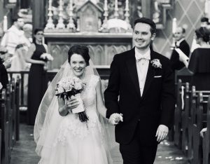 Image of couple in black and white on wedding day